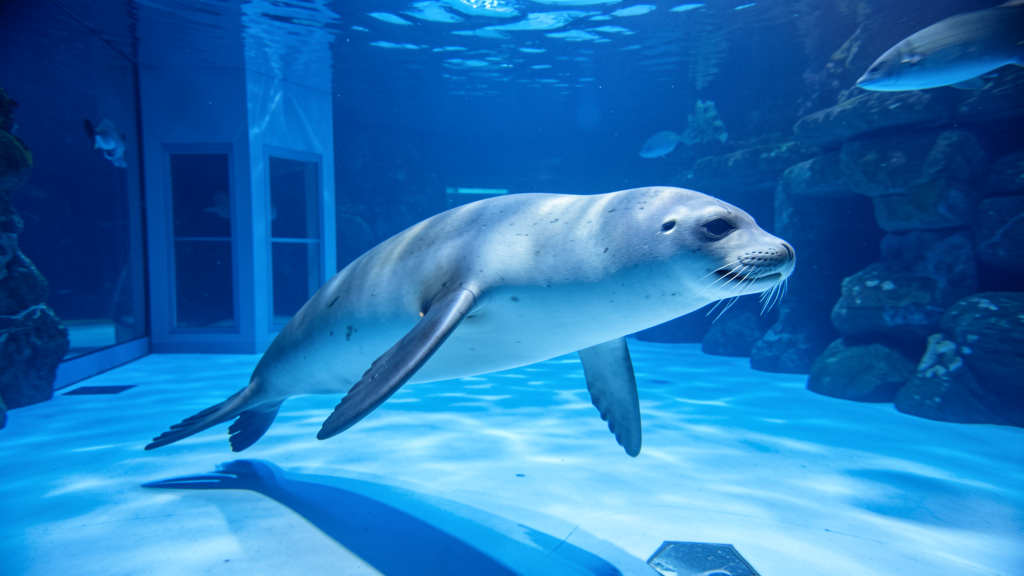 Sea lion swimming underwater at aquarium