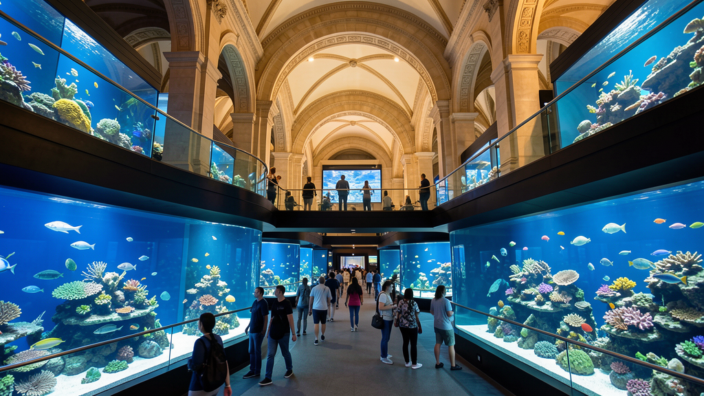 Aquarium tunnel walkway with sharks overhead